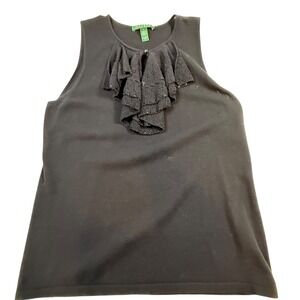 Lauren Ralph Lauren Beaded Ruffle Knit Top -‎ L Black Sleeveless